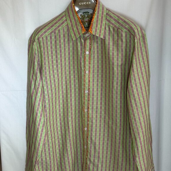 NWOT Robert Graham Men's 100% Cotton Woven Long Sleeve Shirt - Green Stripe -2XL - Picture 3 of 7